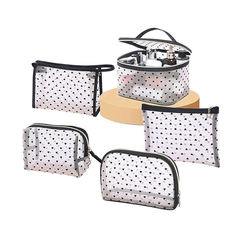 KIMLUD, 1PCS 5PCS Love Makeup Bags Mesh Cosmetic Bag Portable Travel Zipper Pouches For Home Office Accessories Cosmet Bag New, 1 Set, KIMLUD Women's Clothes
