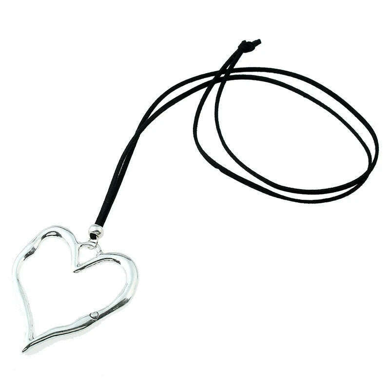 KIMLUD, 1pcs Lagenlook Large Abstract Heart Pendant Colar Long Suede Leather Necklace Jewelry Gift For Woman&Men, KIMLUD Womens Clothes