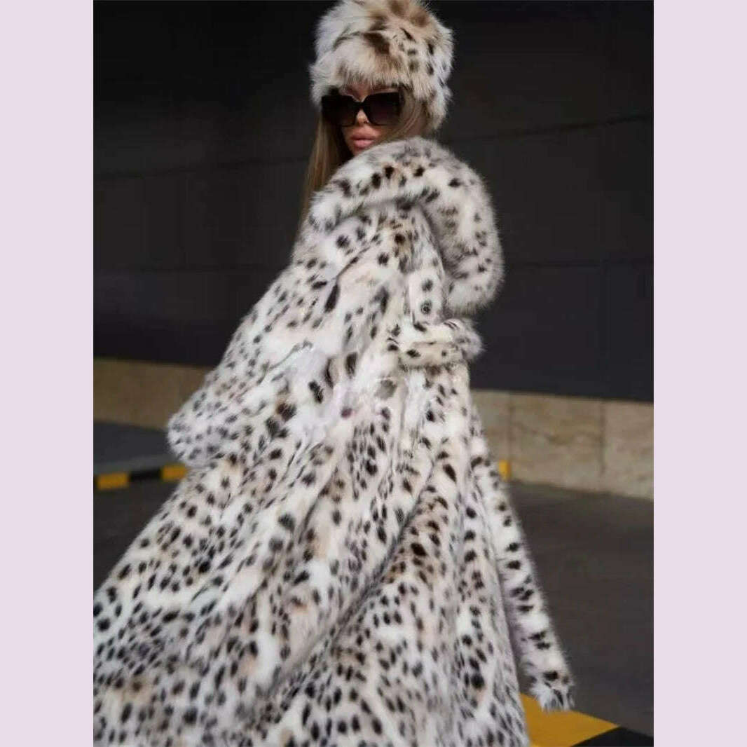 KIMLUD, 2 Color Winter Warm Loose Plush Windbreaker With Hat Women Faux Fox Fur Black White Dot Leopard Coat Ladies Thick Long Overcoat, KIMLUD Womens Clothes