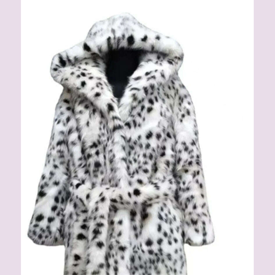 KIMLUD, 2 Color Winter Warm Loose Plush Windbreaker With Hat Women Faux Fox Fur Black White Dot Leopard Coat Ladies Thick Long Overcoat, KIMLUD Womens Clothes