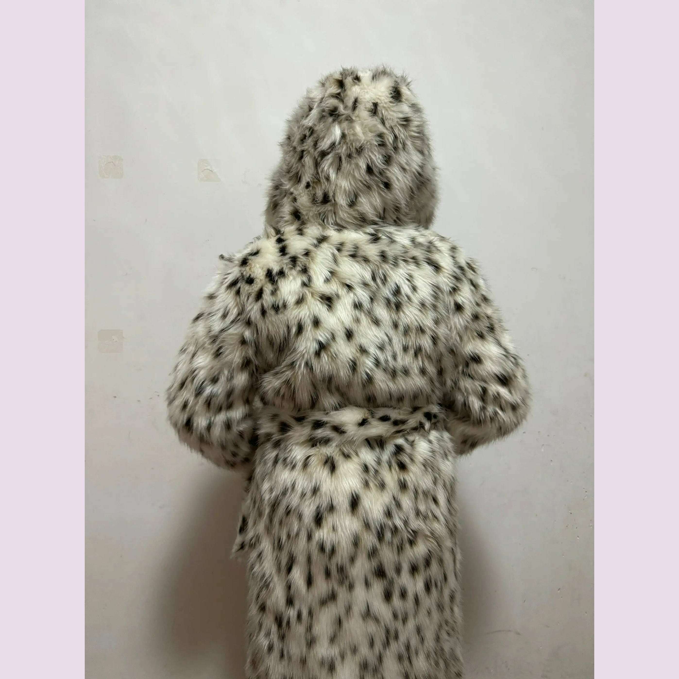 KIMLUD, 2 Color Winter Warm Loose Plush Windbreaker With Hat Women Faux Fox Fur Black White Dot Leopard Coat Ladies Thick Long Overcoat, KIMLUD Womens Clothes