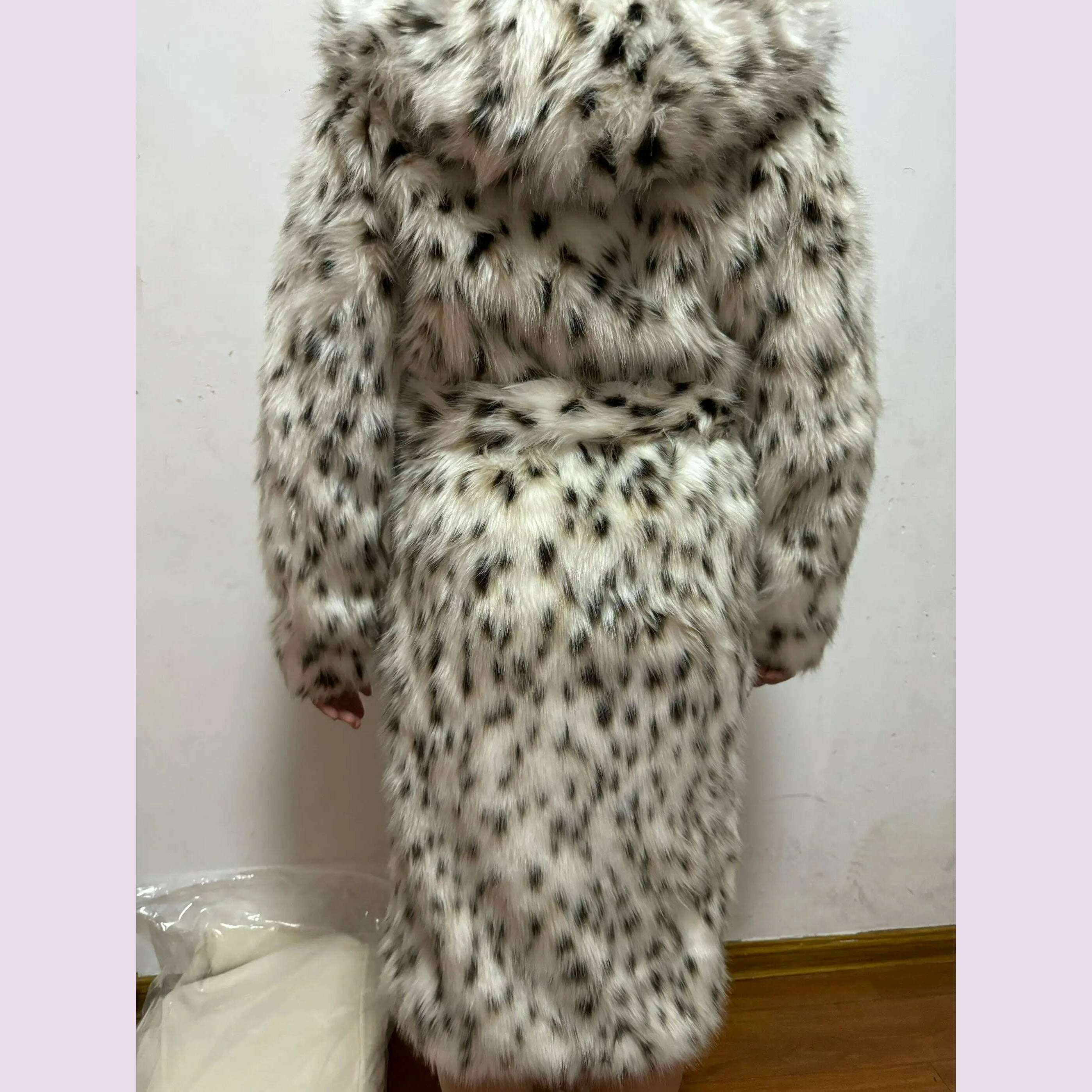 KIMLUD, 2 Color Winter Warm Loose Plush Windbreaker With Hat Women Faux Fox Fur Black White Dot Leopard Coat Ladies Thick Long Overcoat, KIMLUD Womens Clothes