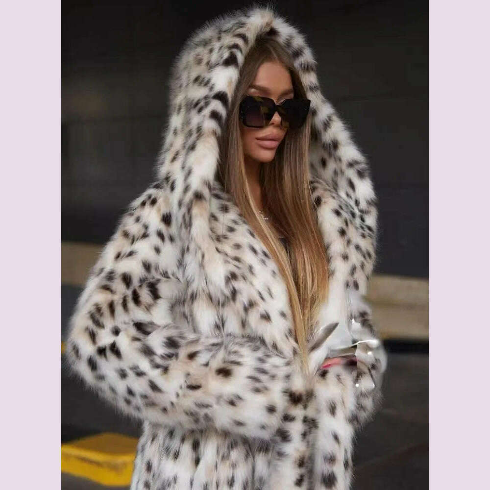 KIMLUD, 2 Color Winter Warm Loose Plush Windbreaker With Hat Women Faux Fox Fur Black White Dot Leopard Coat Ladies Thick Long Overcoat, black white brown / M, KIMLUD APPAREL - Womens Clothes