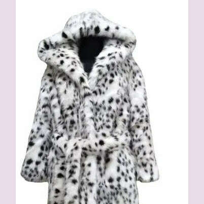KIMLUD, 2 Color Winter Warm Loose Plush Windbreaker With Hat Women Faux Fox Fur Black White Dot Leopard Coat Ladies Thick Long Overcoat, black white / XXL, KIMLUD APPAREL - Womens Clothes
