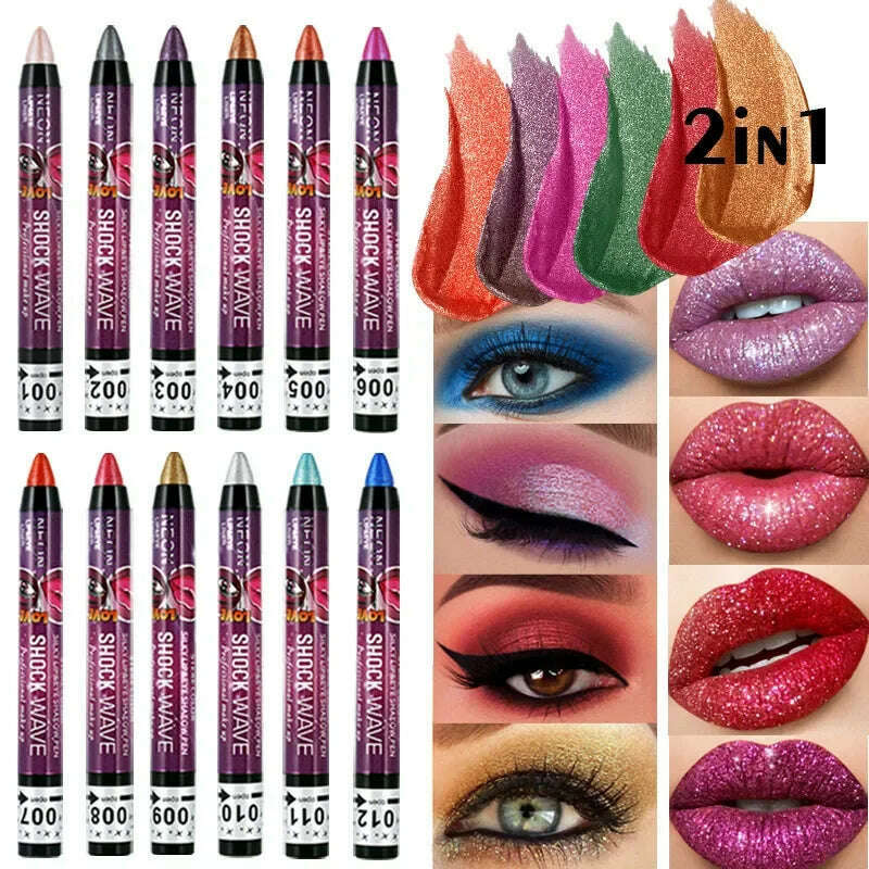 2 In 1 Eyeshadow Lipstick Stick Pencil Waterproof Glitter Matte Eye Shadow Makeup Pigment Eyeshadow Pen - KIMLUD