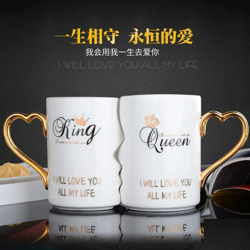 KIMLUD, 2 Pcs In Set Mr and Miss Couple Mugs Cup Ceramic Kiss Mug Valentine's Day Wedding Birthday In Gift Box Golden Handle, KIMLUD Womens Clothes