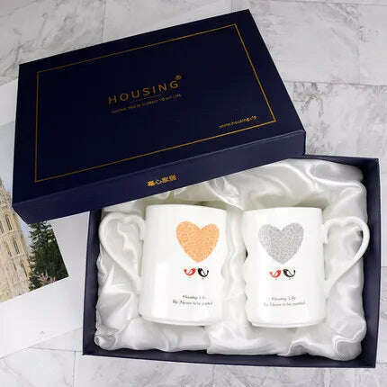 KIMLUD, 2 Pcs In Set Mr and Miss Couple Mugs Cup Ceramic Kiss Mug Valentine's Day Wedding Birthday In Gift Box Golden Handle, with box NONE cover / 360ml, KIMLUD Women's Clothes