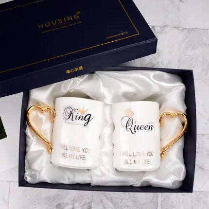 KIMLUD, 2 Pcs In Set Mr and Miss Couple Mugs Cup Ceramic Kiss Mug Valentine's Day Wedding Birthday In Gift Box Golden Handle, with box NONE cover 1 / 360ml, KIMLUD Women's Clothes