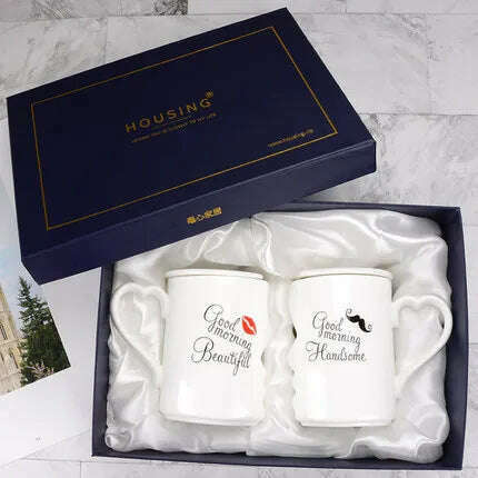 KIMLUD, 2 Pcs In Set Mr and Miss Couple Mugs Cup Ceramic Kiss Mug Valentine's Day Wedding Birthday In Gift Box Golden Handle, with box With lid / 360ml, KIMLUD APPAREL - Womens Clothes