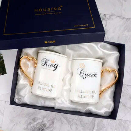 KIMLUD, 2 Pcs In Set Mr and Miss Couple Mugs Cup Ceramic Kiss Mug Valentine's Day Wedding Birthday In Gift Box Golden Handle, with box With lid 1 / 360ml, KIMLUD APPAREL - Womens Clothes