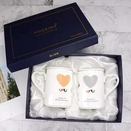 KIMLUD, 2 Pcs In Set Mr and Miss Couple Mugs Cup Ceramic Kiss Mug Valentine's Day Wedding Birthday In Gift Box Golden Handle, with box With lid 2 / 360ml, KIMLUD Women's Clothes