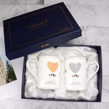 KIMLUD, 2 Pcs In Set Mr and Miss Couple Mugs Cup Ceramic Kiss Mug Valentine's Day Wedding Birthday In Gift Box Golden Handle, with box With lid 2 / 360ml, KIMLUD APPAREL - Womens Clothes