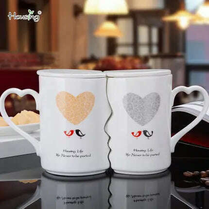 KIMLUD, 2 Pcs In Set Mr and Miss Couple Mugs Cup Ceramic Kiss Mug Valentine's Day Wedding Birthday In Gift Box Golden Handle, With lid 1 / 360ml, KIMLUD APPAREL - Womens Clothes