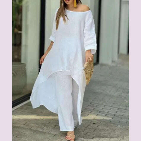 KIMLUD, 2 Piece Sets Women Solid Color Irregular Long Sleeved Tops Wide Leg Pants Two-piece Set Female Elegant Office Lady Outfit 2025, Ivory / XL, KIMLUD APPAREL - Womens Clothes