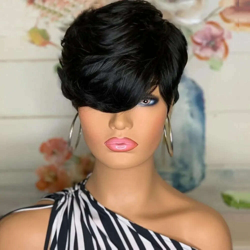 KIMLUD, 200 Density Thick Pixie Cut Wig Brazilian Human Hair With Bangs Glueless Straight Short Bob Full Machine Made Wigs Wear And Go, 200 Density / Model Length / JZ-12, KIMLUD Womens Clothes