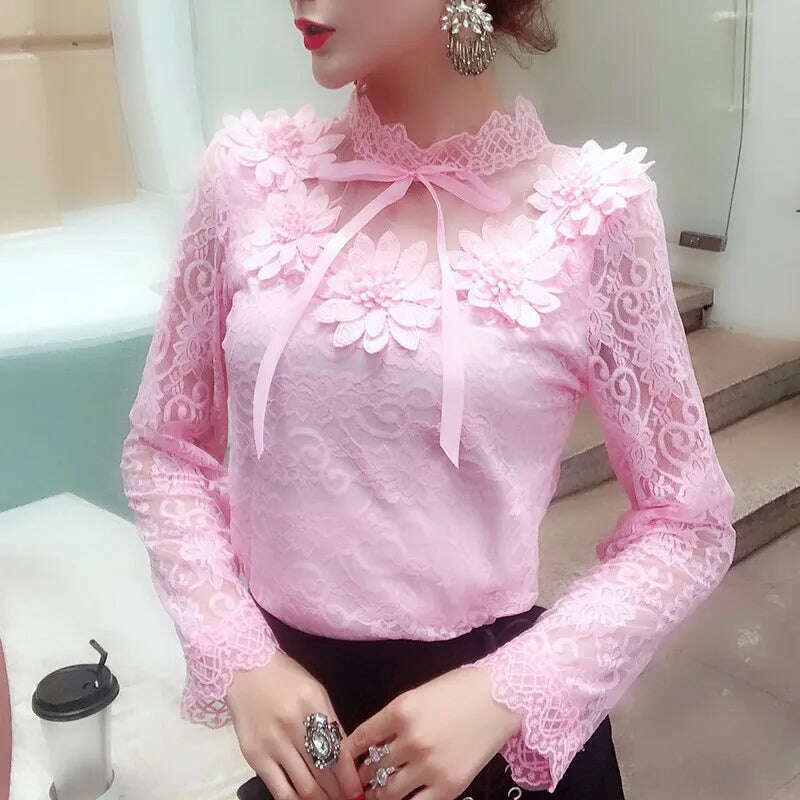 2018 Spring Autumn Women Long Sleeve Blouse Sweet Floral Hollow Lace Shirt Female Bow Mesh Blouses Short Bottoming Tops AB1138 - KIMLUD