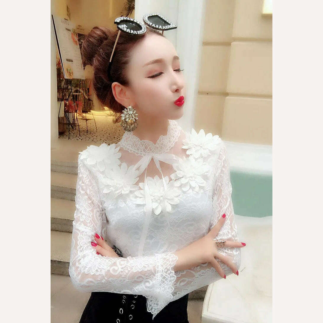 2018 Spring Autumn Women Long Sleeve Blouse Sweet Floral Hollow Lace Shirt Female Bow Mesh Blouses Short Bottoming Tops AB1138 - KIMLUD