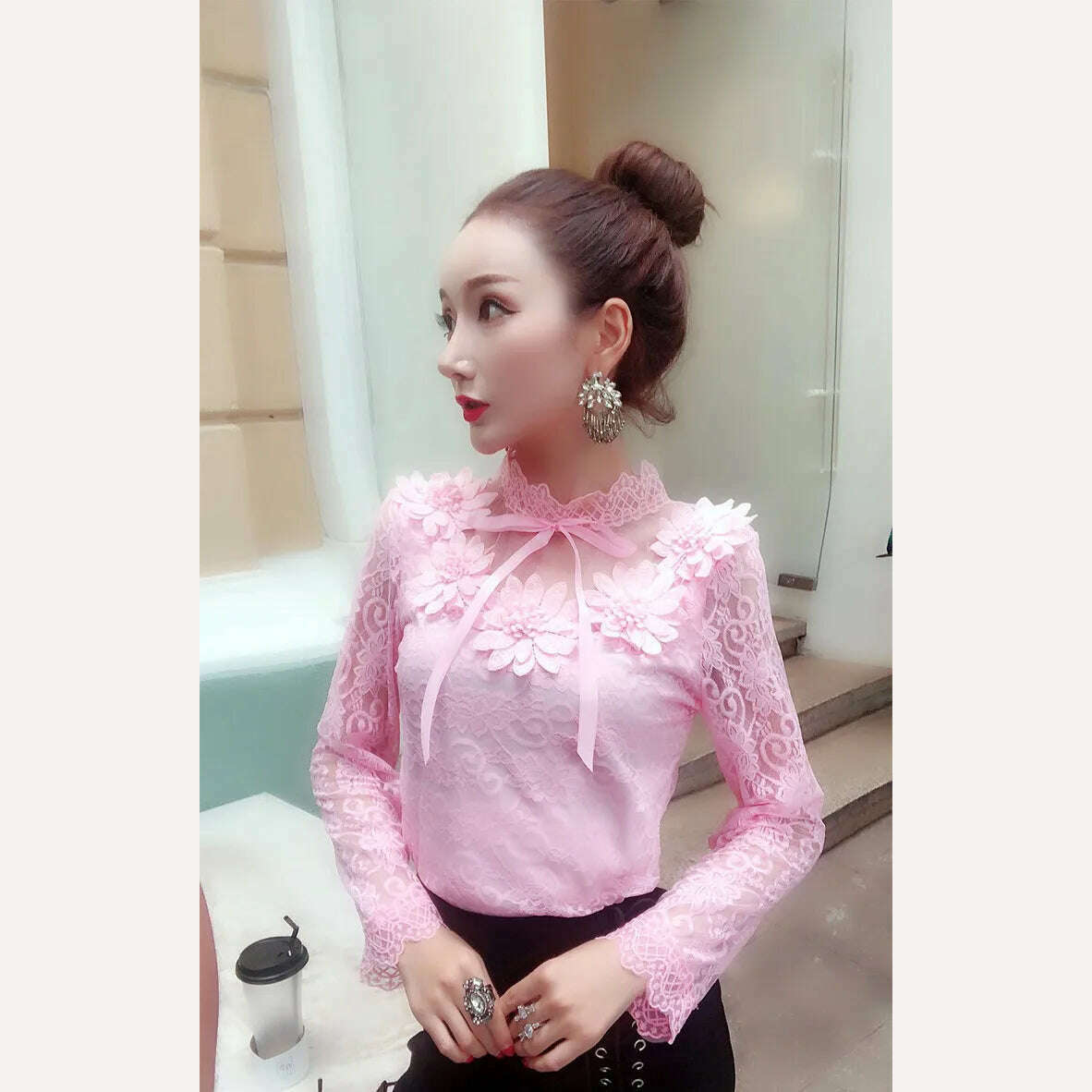 2018 Spring Autumn Women Long Sleeve Blouse Sweet Floral Hollow Lace Shirt Female Bow Mesh Blouses Short Bottoming Tops AB1138 - KIMLUD