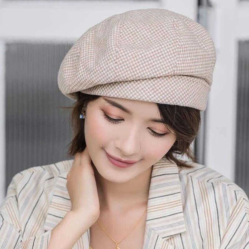KIMLUD, 2019 new Elegant Women Plaid Beret For fashion Winter Female Cotton Wool Hats Cap Autumn 2019 Brand New Women&#39;s Painter Hat, khaki, KIMLUD Women's Clothes