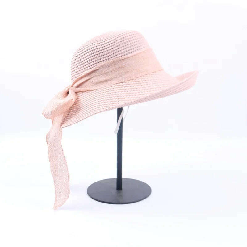 KIMLUD, 2019 Summer Bow Ribbon Sun Hat Panama Women&#39;s Cap Bonnet Beach Straw Hats, pink / 56-58cm, KIMLUD Womens Clothes