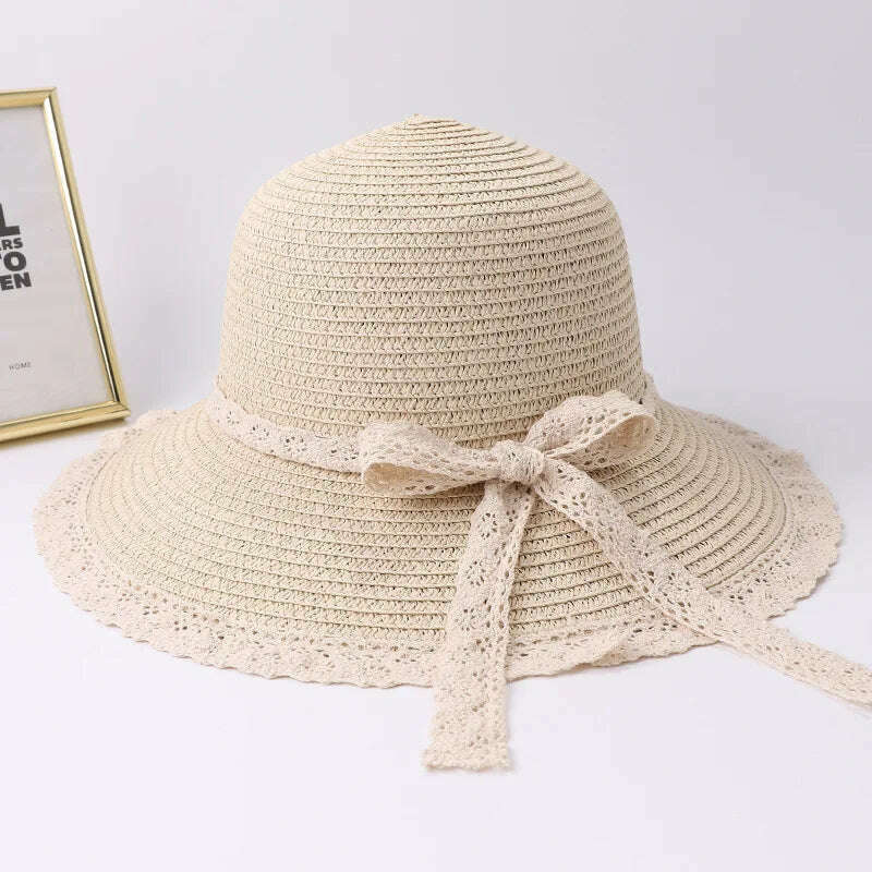 KIMLUD, 2019 Summer Bow Ribbon Sun Hat Panama Women&#39;s Cap Bonnet Beach Straw Hats, Beige01 / 56-58cm, KIMLUD Women's Clothes