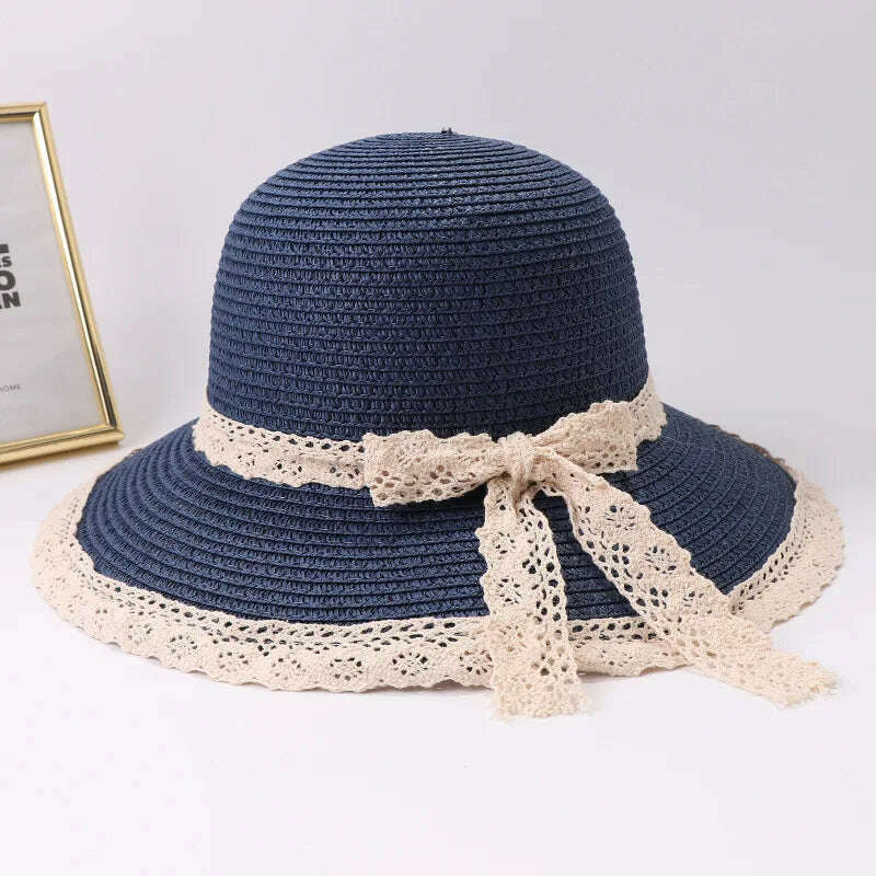 KIMLUD, 2019 Summer Bow Ribbon Sun Hat Panama Women&#39;s Cap Bonnet Beach Straw Hats, navy 01 / 56-58cm, KIMLUD Women's Clothes