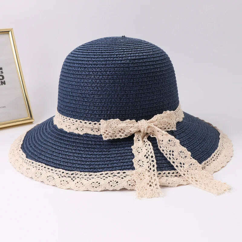 2019 Summer Bow Ribbon Sun Hat Panama Women&#39;s Cap Bonnet Beach Straw Hats - KIMLUD