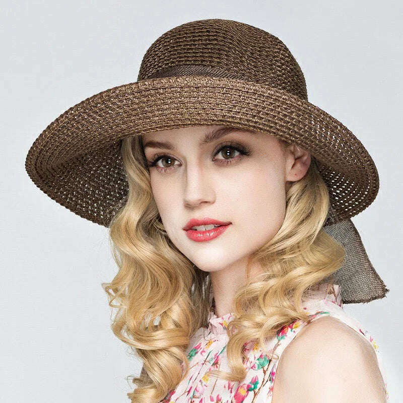 KIMLUD, 2019 Summer Bow Ribbon Sun Hat Panama Women&#39;s Cap Bonnet Beach Straw Hats, Brown / 56-58cm, KIMLUD Womens Clothes