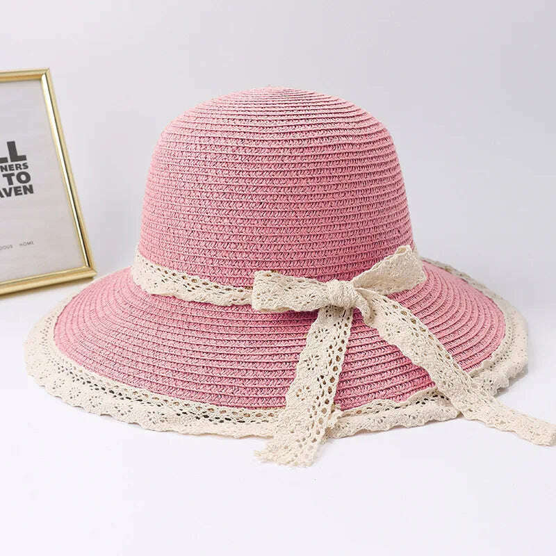 KIMLUD, 2019 Summer Bow Ribbon Sun Hat Panama Women&#39;s Cap Bonnet Beach Straw Hats, dark pink / 56-58cm, KIMLUD Women's Clothes