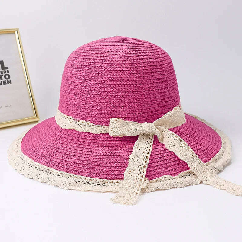 KIMLUD, 2019 Summer Bow Ribbon Sun Hat Panama Women&#39;s Cap Bonnet Beach Straw Hats, rose-red / 56-58cm, KIMLUD Womens Clothes