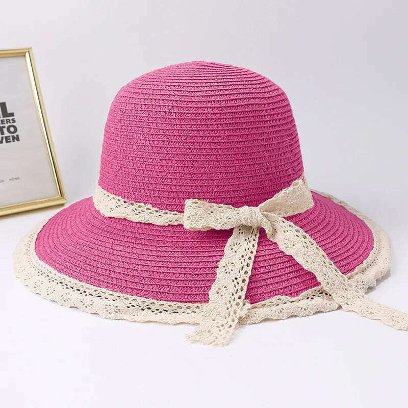 2019 Summer Bow Ribbon Sun Hat Panama Women&#39;s Cap Bonnet Beach Straw Hats - KIMLUD