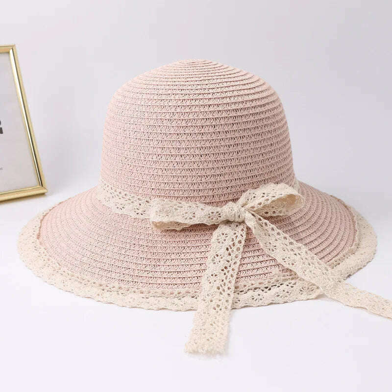 KIMLUD, 2019 Summer Bow Ribbon Sun Hat Panama Women&#39;s Cap Bonnet Beach Straw Hats, pink01 / 56-58cm, KIMLUD Women's Clothes