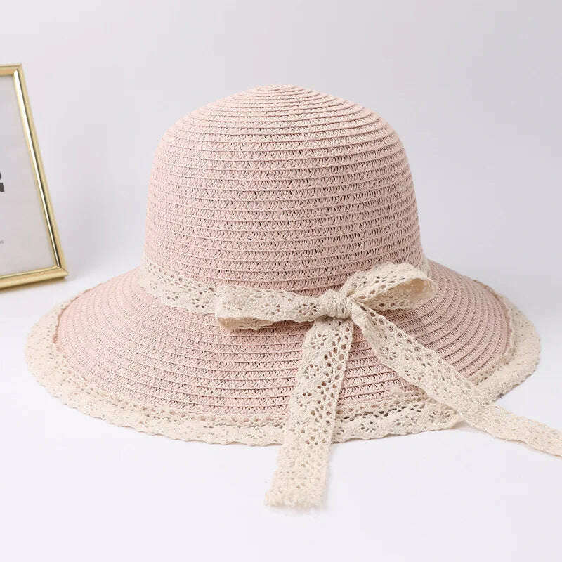 2019 Summer Bow Ribbon Sun Hat Panama Women&#39;s Cap Bonnet Beach Straw Hats - KIMLUD