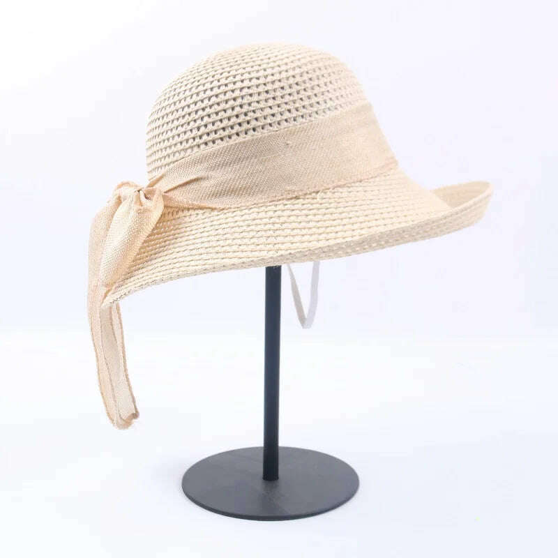 KIMLUD, 2019 Summer Bow Ribbon Sun Hat Panama Women&#39;s Cap Bonnet Beach Straw Hats, Beige / 56-58cm, KIMLUD Women's Clothes