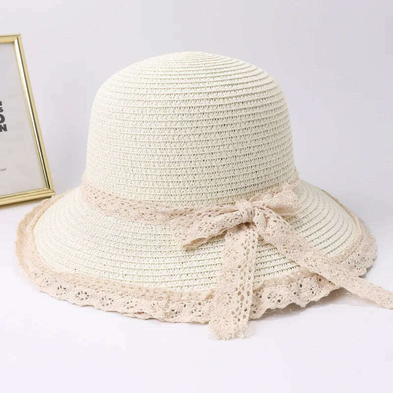 KIMLUD, 2019 Summer Bow Ribbon Sun Hat Panama Women&#39;s Cap Bonnet Beach Straw Hats, white / 56-58cm, KIMLUD Women's Clothes