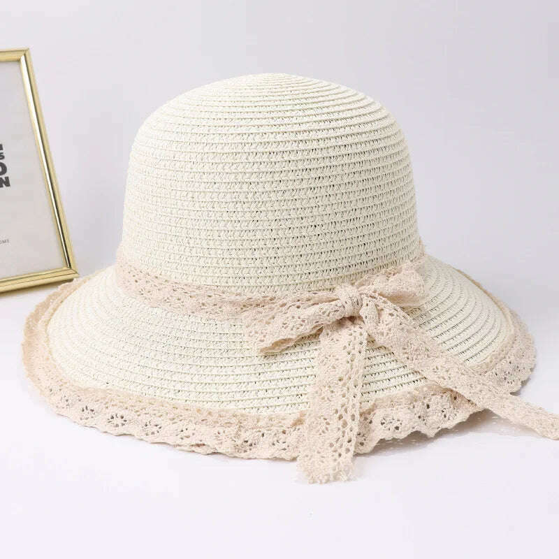 2019 Summer Bow Ribbon Sun Hat Panama Women&#39;s Cap Bonnet Beach Straw Hats - KIMLUD