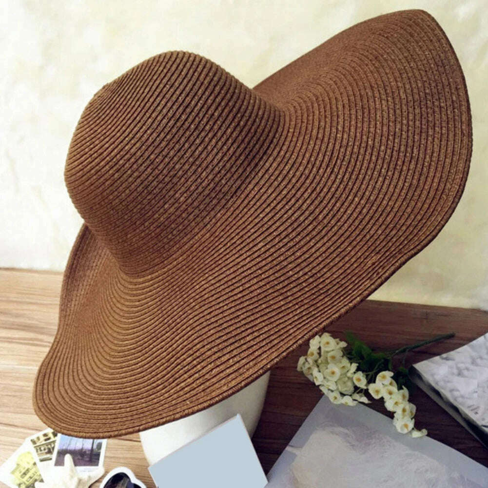 KIMLUD, 2019 Women Natural Raffia Straw Hat Ribbon Tie Brim Hat Derby Beach Sun Hat Cap Summer Wide Brim UV Protect Hats Female Cap Summ, KIMLUD Womens Clothes