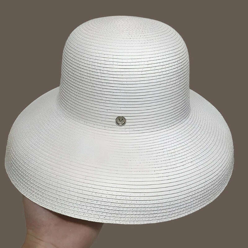 KIMLUD, 2020 Fashion New Elegant Jazz Hats For Women White Sun Hat Men Formal Blue Summer Beach Cap Letter M Fedora Straw Hat, white / 15cm big edge, KIMLUD Womens Clothes