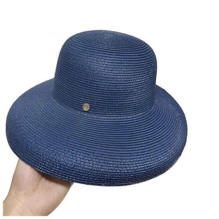KIMLUD, 2020 Fashion New Elegant Jazz Hats For Women White Sun Hat Men Formal Blue Summer Beach Cap Letter M Fedora Straw Hat, dark blue / 15cm big edge, KIMLUD Womens Clothes