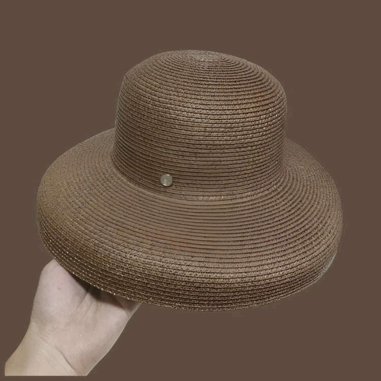 KIMLUD, 2020 Fashion New Elegant Jazz Hats For Women White Sun Hat Men Formal Blue Summer Beach Cap Letter M Fedora Straw Hat, Coffee / 15cm big edge, KIMLUD Womens Clothes