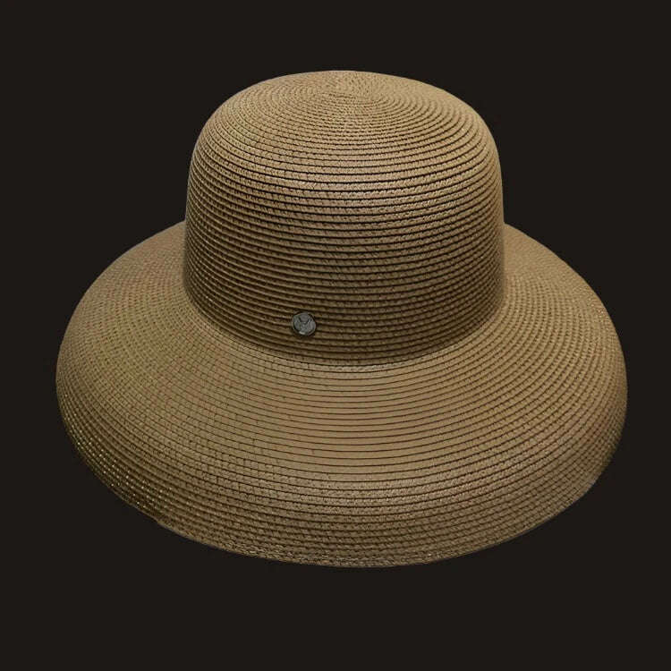 KIMLUD, 2020 Fashion New Elegant Jazz Hats For Women White Sun Hat Men Formal Blue Summer Beach Cap Letter M Fedora Straw Hat, khaki / 15cm big edge, KIMLUD Womens Clothes