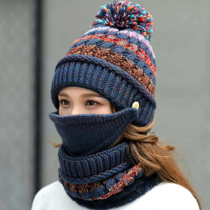 2020 Hat winter women&#39;s Mask balaclava Hat for girls Scarf Thick Warm Fleece Inside Knitted Hat Scarf Set 3pcs Winter Hats - KIMLUD