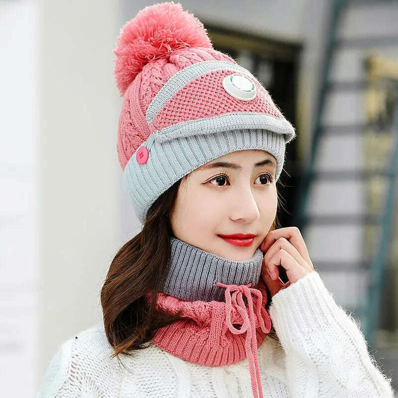 KIMLUD, 2020 Hat winter women&#39;s Mask balaclava Hat for girls Scarf Thick Warm Fleece Inside Knitted Hat Scarf Set 3pcs Winter Hats, B-Pink, KIMLUD Womens Clothes