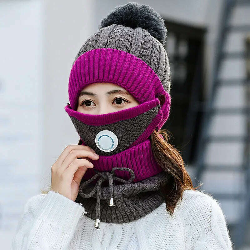 2020 Hat winter women&#39;s Mask balaclava Hat for girls Scarf Thick Warm Fleece Inside Knitted Hat Scarf Set 3pcs Winter Hats - KIMLUD