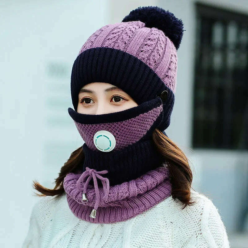 2020 Hat winter women&#39;s Mask balaclava Hat for girls Scarf Thick Warm Fleece Inside Knitted Hat Scarf Set 3pcs Winter Hats - KIMLUD