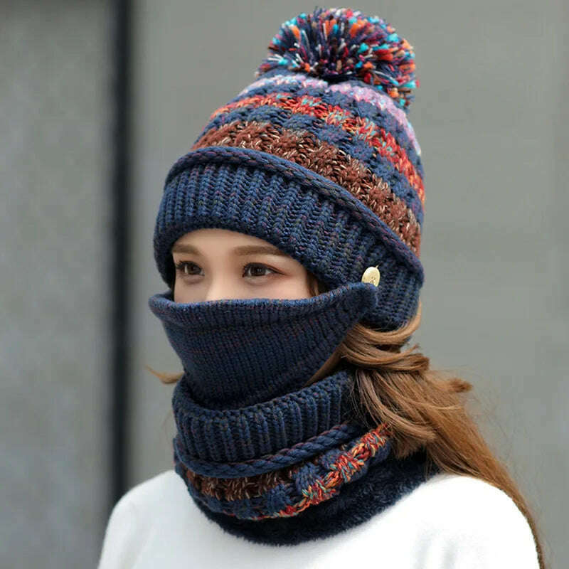 2020 Hat winter women&#39;s Mask balaclava Hat for girls Scarf Thick Warm Fleece Inside Knitted Hat Scarf Set 3pcs Winter Hats - KIMLUD