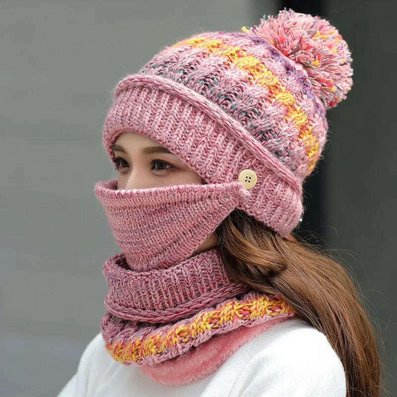 KIMLUD, 2020 Hat winter women&#39;s Mask balaclava Hat for girls Scarf Thick Warm Fleece Inside Knitted Hat Scarf Set 3pcs Winter Hats, A-Pink, KIMLUD Womens Clothes