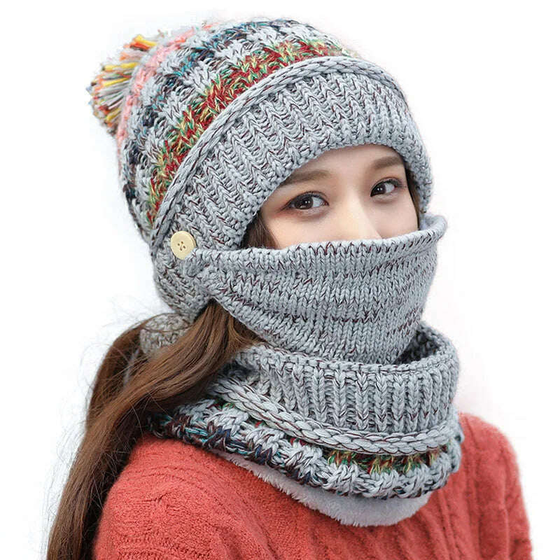 2020 Hat winter women&#39;s Mask balaclava Hat for girls Scarf Thick Warm Fleece Inside Knitted Hat Scarf Set 3pcs Winter Hats - KIMLUD