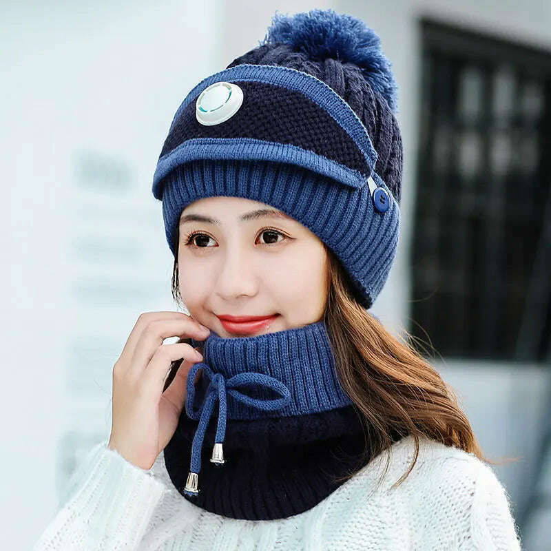 2020 Hat winter women&#39;s Mask balaclava Hat for girls Scarf Thick Warm Fleece Inside Knitted Hat Scarf Set 3pcs Winter Hats - KIMLUD