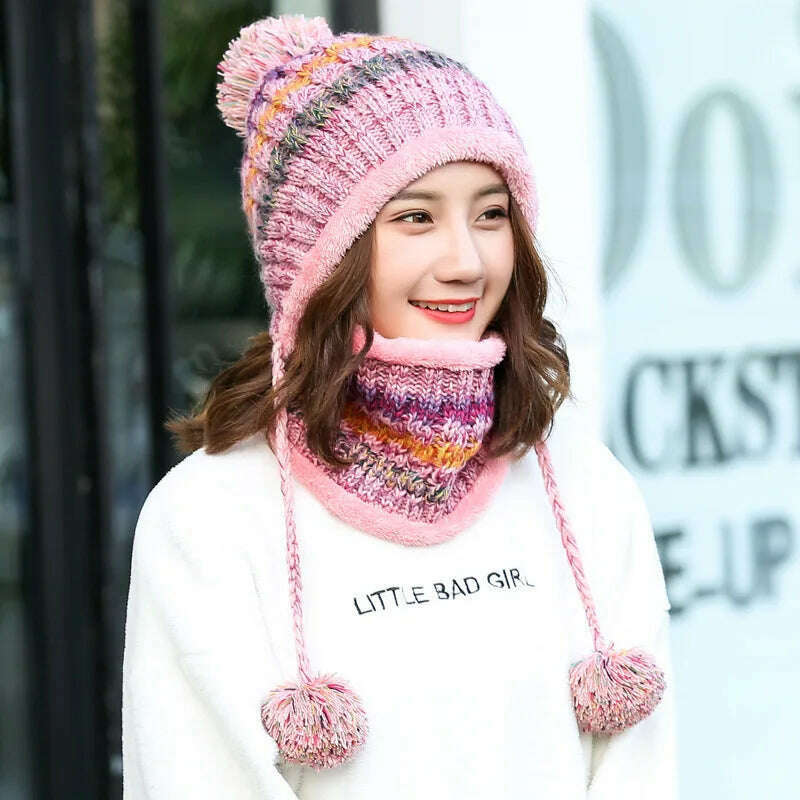 2020 Hat winter women&#39;s Mask balaclava Hat for girls Scarf Thick Warm Fleece Inside Knitted Hat Scarf Set 3pcs Winter Hats - KIMLUD